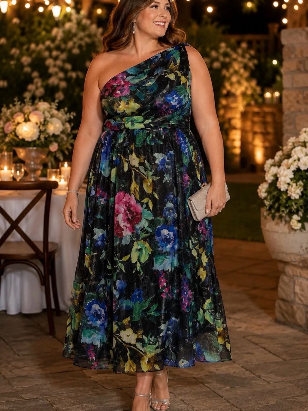 SLNY Black Multi Floral One-Shoulder Chiffon Midi Dress NWT Size 16W